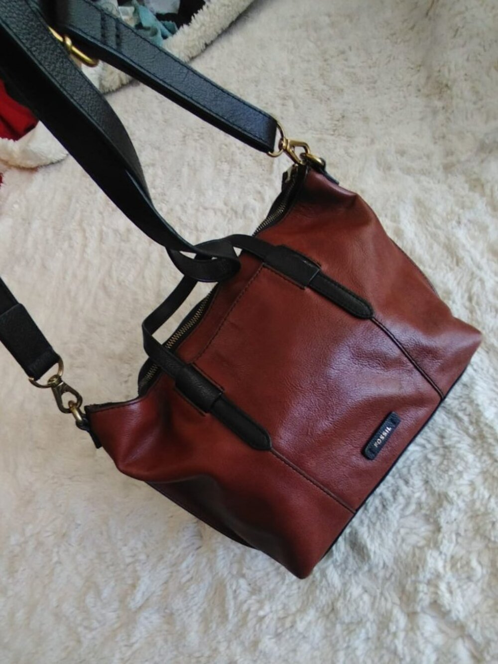 Fossil Skylar Leather Satchel Crossbody Handbag Cognac Brown Black SHB2725